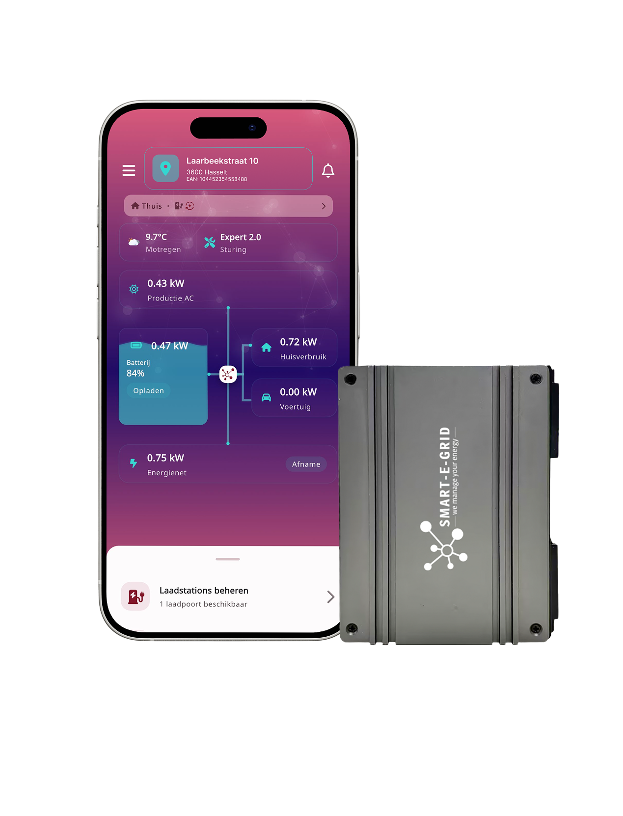 Smart-E-Grid app met opbrengstoverzicht naast de MoMa gateway