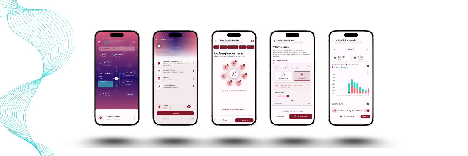 Vijf schermen uit de Smart-E-Grid app: dashboard, menu, energieprofiel, laadstations en besparingsoverzicht