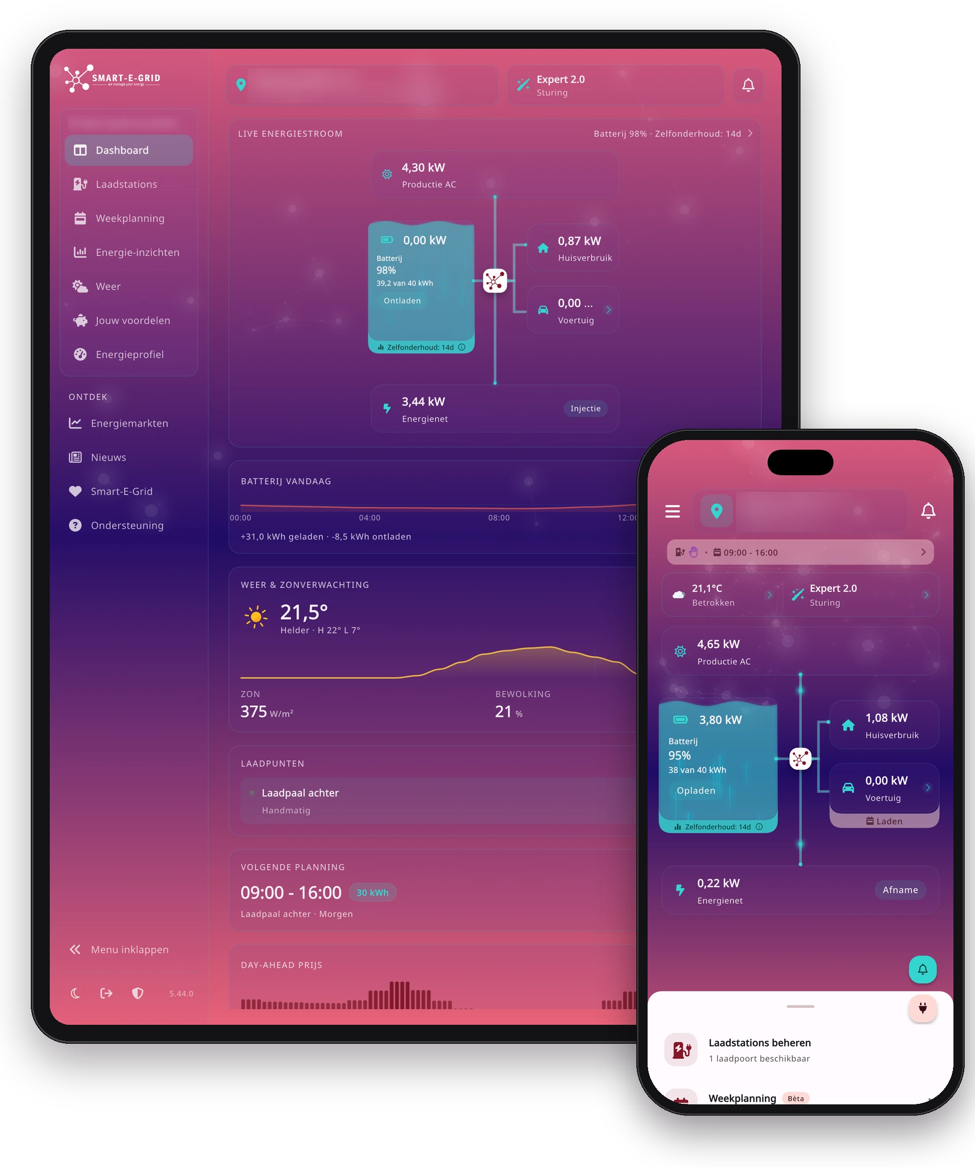 De Smart-E-Grid app op iPad en iPhone met het vernieuwde dashboard