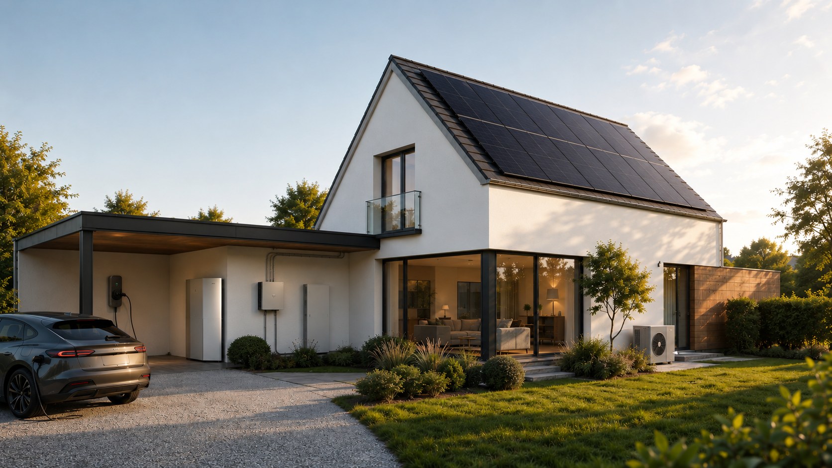 Smart-E-Grid woning met zonnepanelen, batterij, laadpaal en warmtepomp